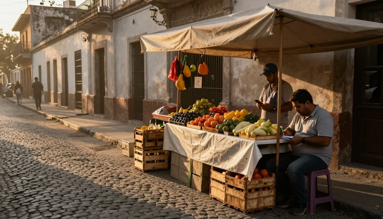 Puesto de feria en Buenos Aires con pago con QR y billetes