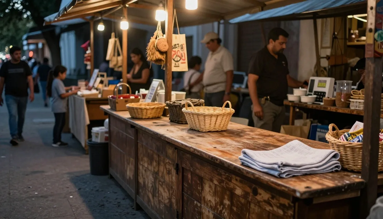 Puesto de feria con pago en efectivo y billetera digital