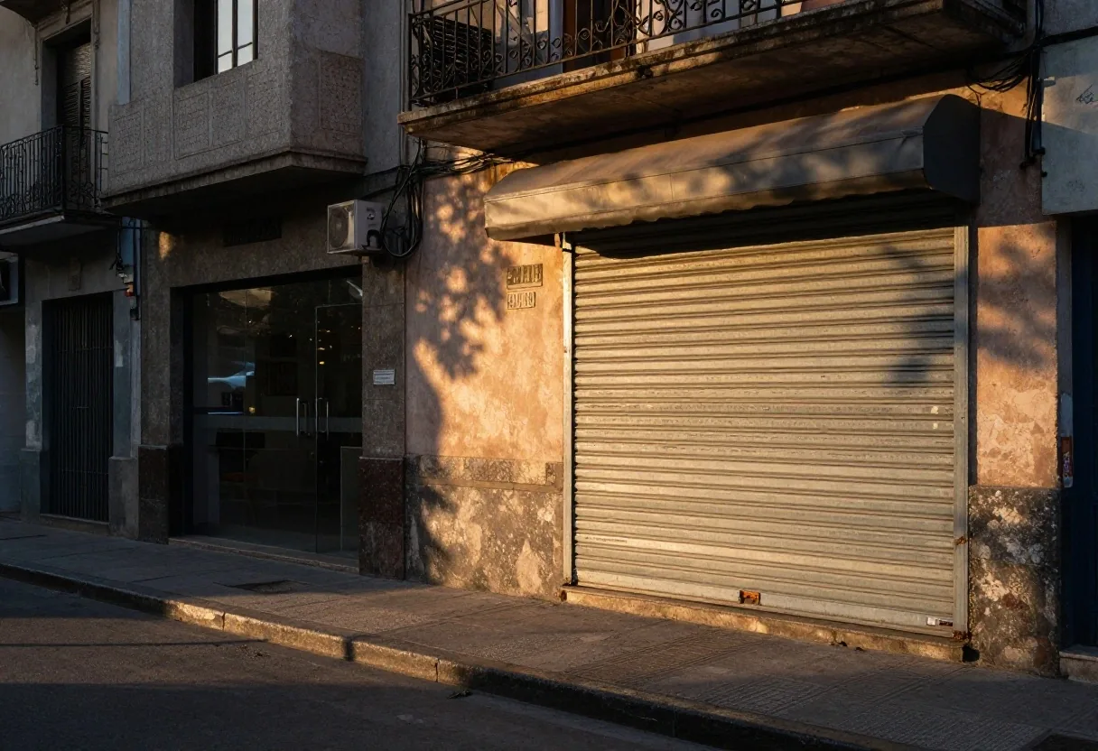 Persiana de kiosco a media apertura con luz de tarde