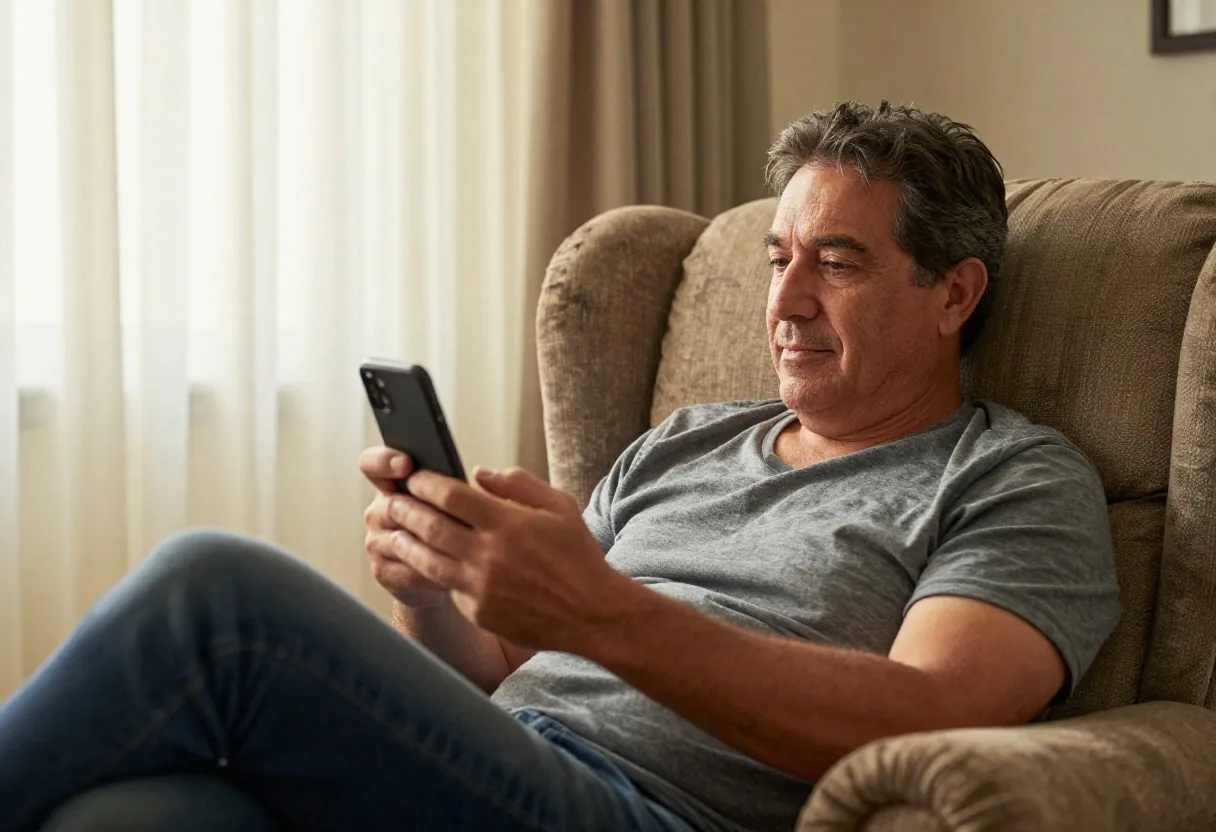 Persona revisando notificaciones de la billetera en casa