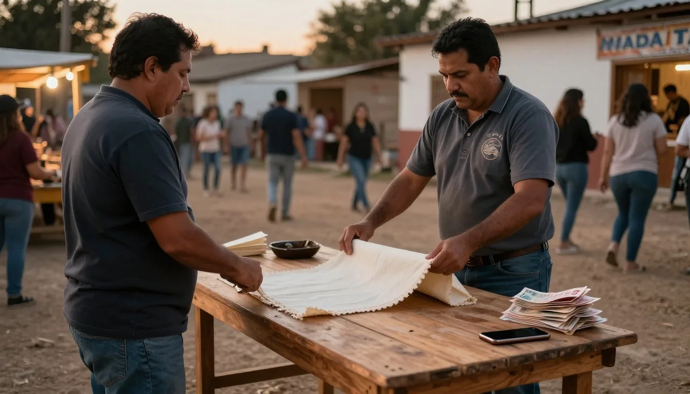 Manos en un puesto de feria con billetes y pago con teléfono