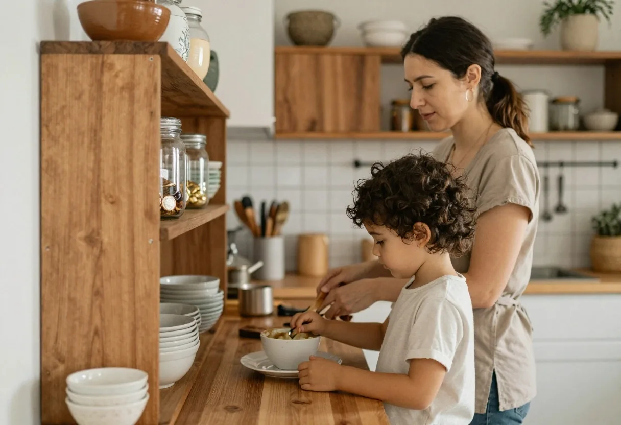 Cocina familiar con frasco de ahorro y madre cocinando con su hijo