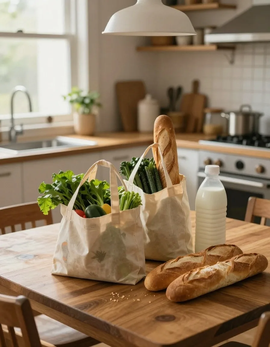 Mesa familiar con lista de compras y bolsas del supermercado